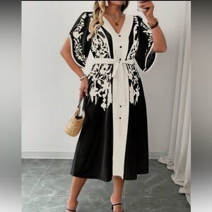 SHEIN Black and White Floral Midi Dress